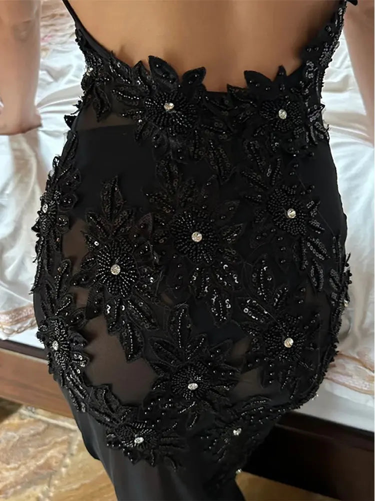 Fashion Spaghetti Strap Backless Lace Black Maxi Dress Sleeveless Dress Long Birthday Costume Prom Dress Evening Dress nv1820
