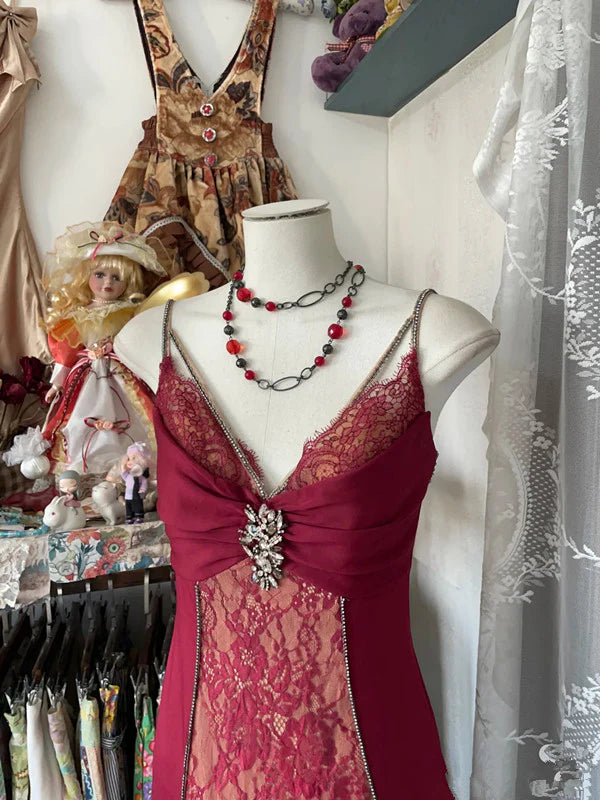 Red Retro Fashion Sexy Spaghetti Straps Exquisite Lace Mermaid Slim Prom Dress Long Party Dress Prom Dress Evening Gown nv3853