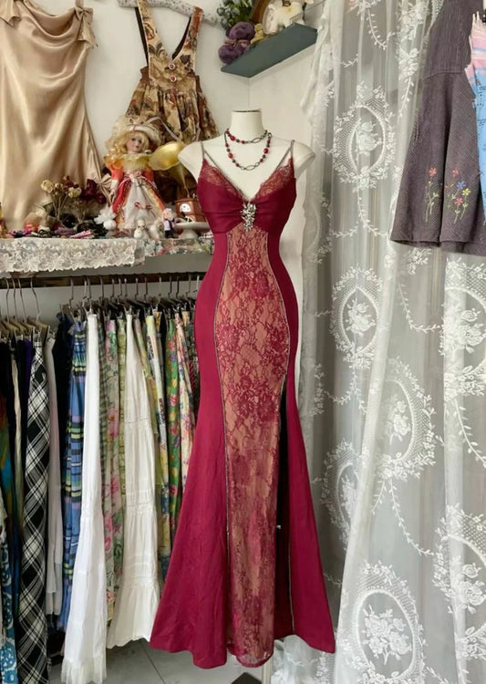 Red Retro Fashion Sexy Spaghetti Straps Exquisite Lace Mermaid Slim Prom Dress Long Party Dress Prom Dress Evening Gown nv3853