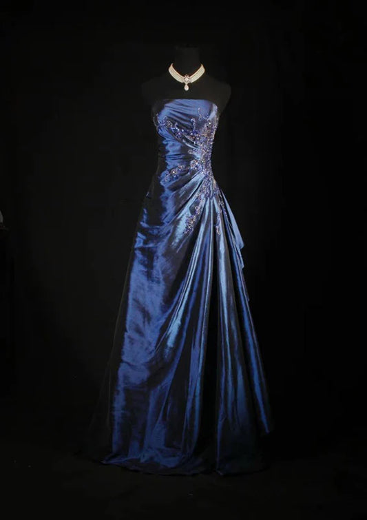 Navy Blue Vintage Fashion Exquisite Beaded Ball Gown Off Shoulder Long Satin Elegant Prom Dress Party Dress nv3769