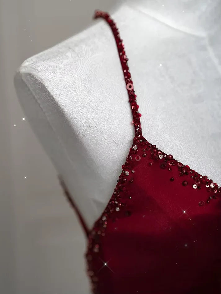 Burgundy Sexy Exquisite Beaded Mermaid Spaghetti Strap Floor Length Satin Backless Ball Gown Evening Gown Party Dress nv3601