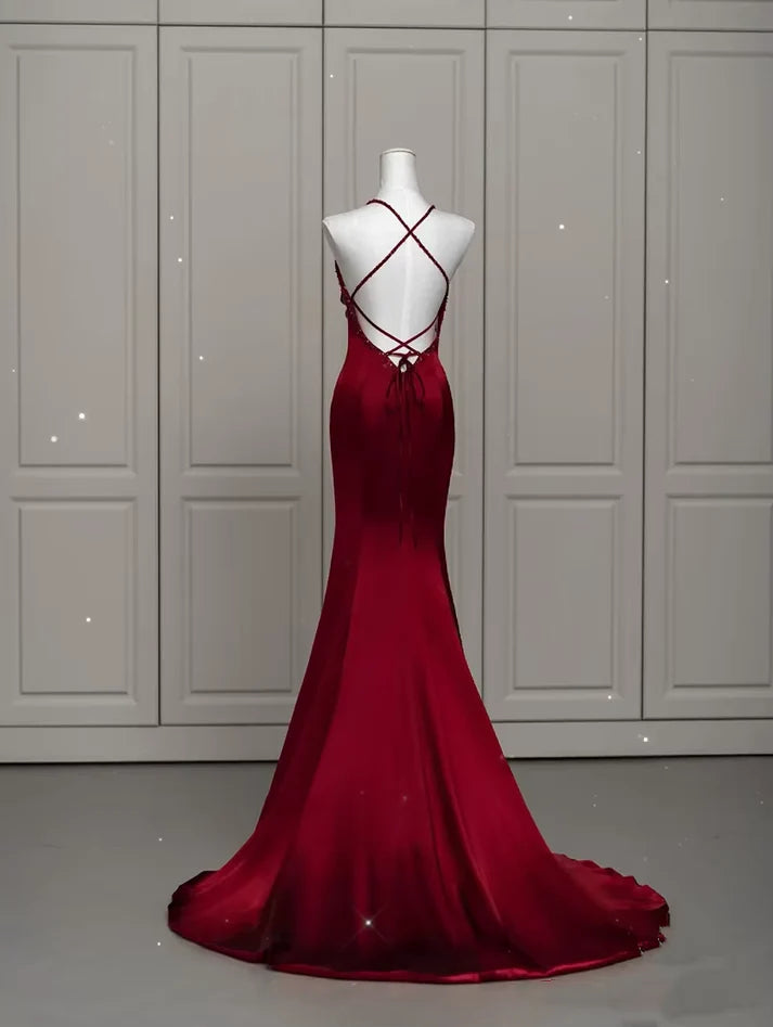 Burgundy Sexy Exquisite Beaded Mermaid Spaghetti Strap Floor Length Satin Backless Ball Gown Evening Gown Party Dress nv3601