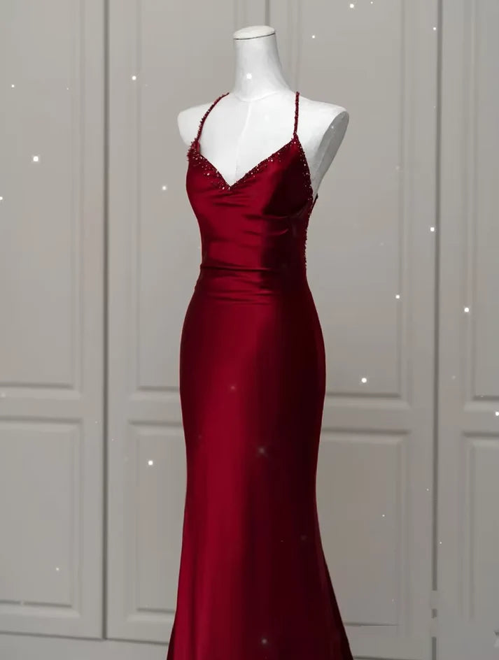 Burgundy Sexy Exquisite Beaded Mermaid Spaghetti Strap Floor Length Satin Backless Ball Gown Evening Gown Party Dress nv3601