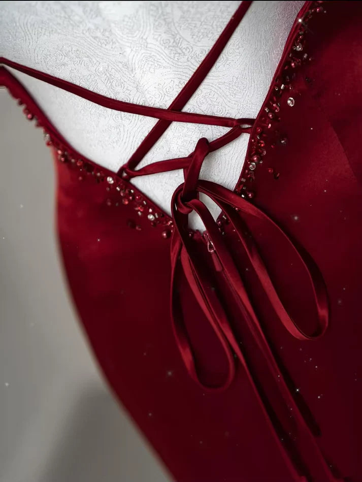 Burgundy Sexy Exquisite Beaded Mermaid Spaghetti Strap Floor Length Satin Backless Ball Gown Evening Gown Party Dress nv3601