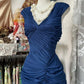 Navy Blue Vintage Fashion Mermaid V Neck Floor Length Evening Gown Prom Dress Party Dress nv4293