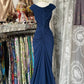 Navy Blue Vintage Fashion Mermaid V Neck Floor Length Evening Gown Prom Dress Party Dress nv4293
