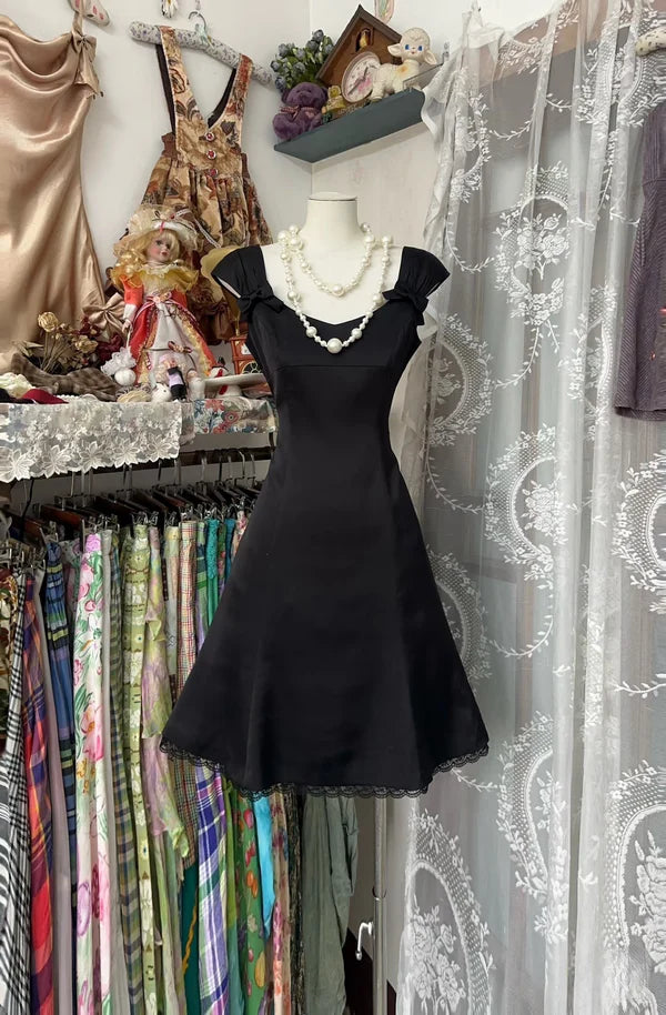 Black Vintage Homecoming Dress Prom Dress Short Satin Birthday Dress nv4299