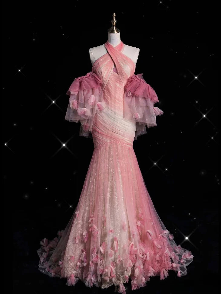 Pink Gorgeous Retro Fashion Elegant Floral Mermaid Suspender Long Mermaid Tulle Floor Length Evening Dress Prom Dress nv3829