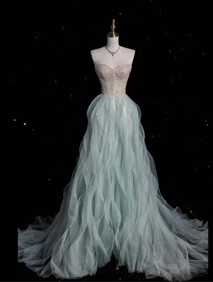 Green gorgeous elegant vintage fashion exquisite beading A-line sweetheart tulle floor length formal evening gown ball gown nv3858