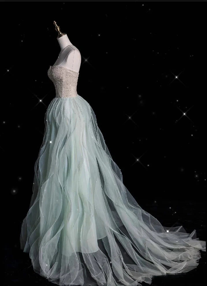 Green gorgeous elegant vintage fashion exquisite beading A-line sweetheart tulle floor length formal evening gown ball gown nv3858