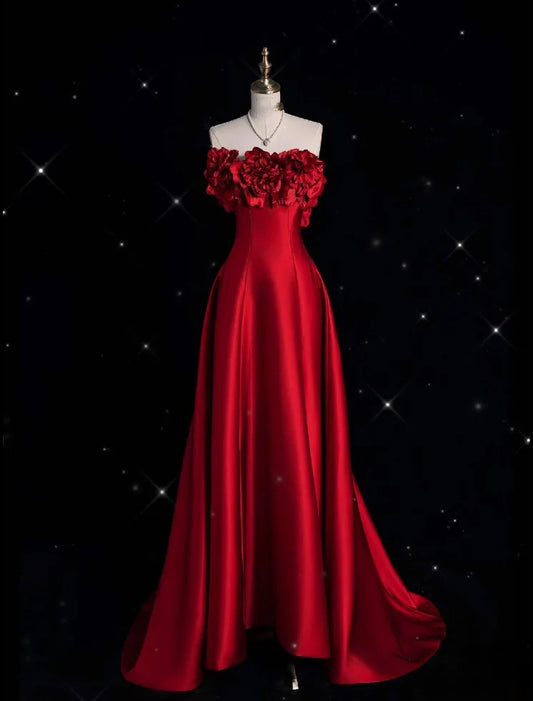 Pretty A line Strapless Satin Long Red Prom Dress Evening Dress Formal Dress nv4234