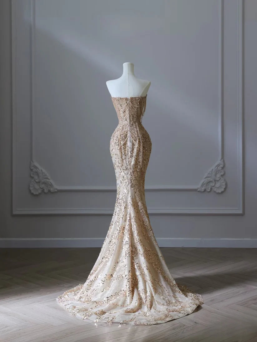 Gold Pretty Mermaid Off Shoulder Beaded Long Sequined Ball Gown Formal Evening Dress nv4112