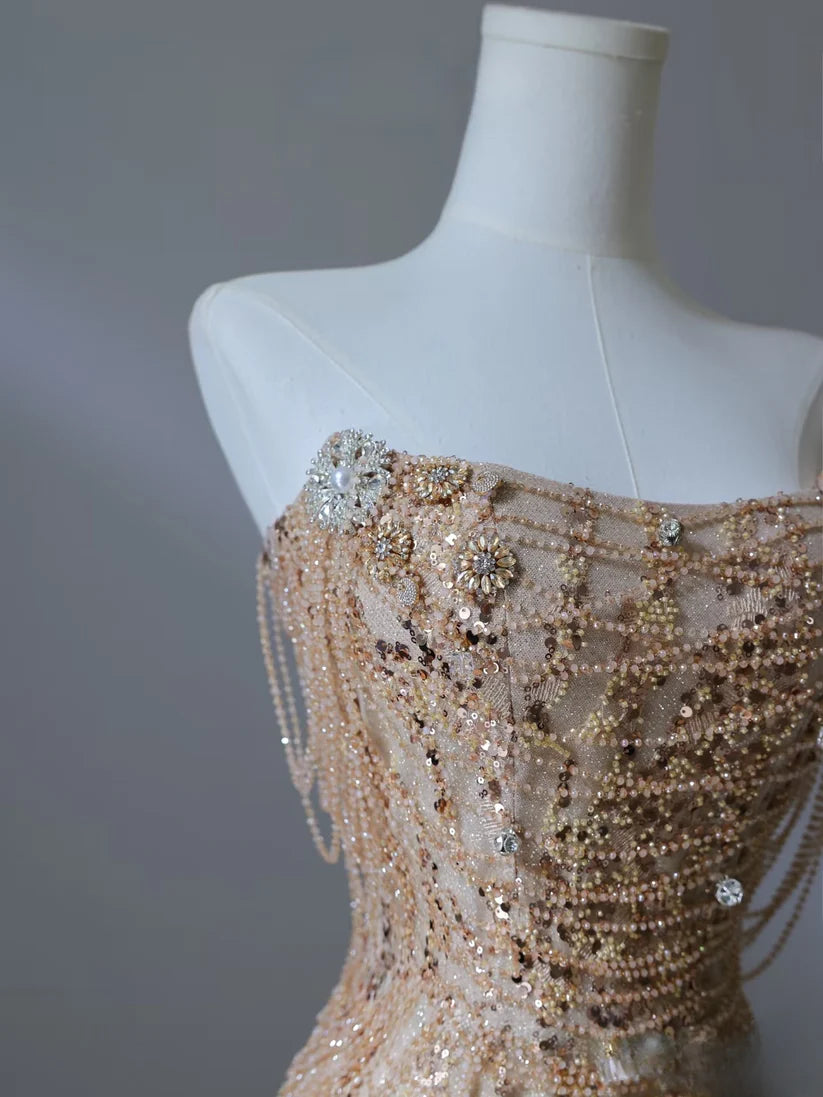 Gold Pretty Mermaid Off Shoulder Beaded Long Sequined Ball Gown Formal Evening Dress nv4112