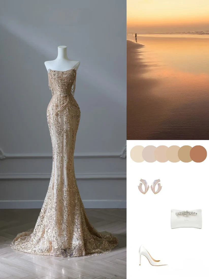 Gold Pretty Mermaid Off Shoulder Beaded Long Sequined Ball Gown Formal Evening Dress nv4112