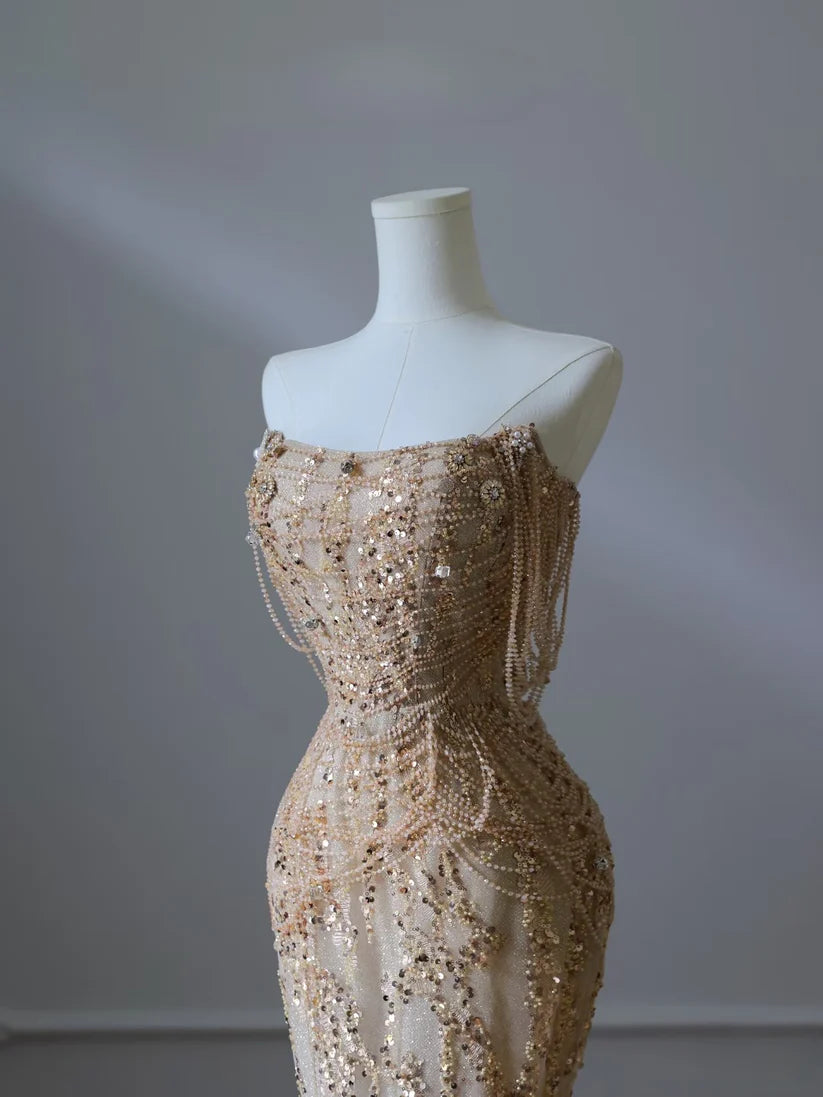 Gold Pretty Mermaid Off Shoulder Beaded Long Sequined Ball Gown Formal Evening Dress nv4112