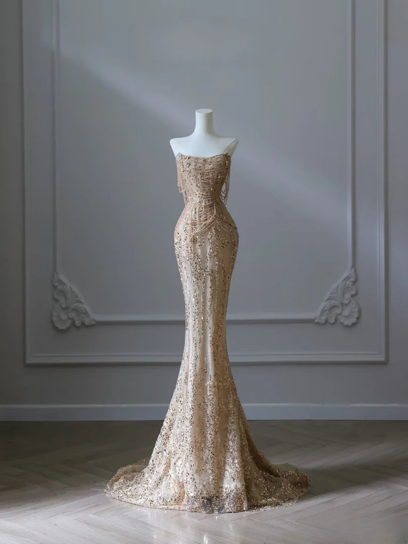 Gold Pretty Mermaid Off Shoulder Beaded Long Sequined Ball Gown Formal Evening Dress nv4112