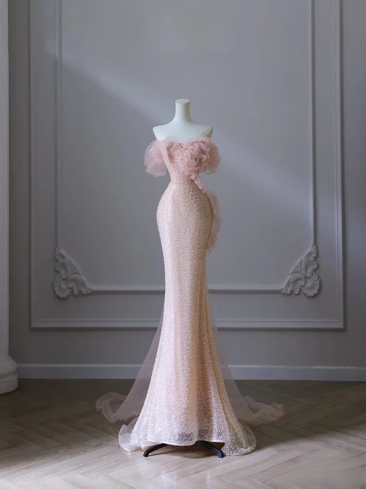 Pink gorgeous shiny beautiful fashionable elegant off-shoulder sequined long mermaid slim prom dress evening dress nv3792