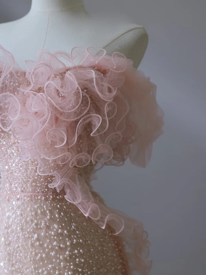 Pink gorgeous shiny beautiful fashionable elegant off-shoulder sequined long mermaid slim prom dress evening dress nv3792