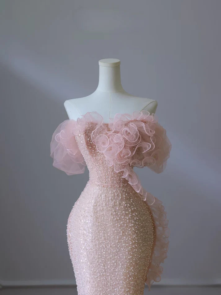 Pink gorgeous shiny beautiful fashionable elegant off-shoulder sequined long mermaid slim prom dress evening dress nv3792