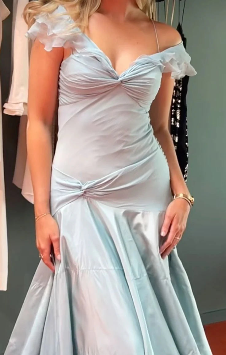 Classy Mermaid Off The Shoulder Light Sky Blue Satin Evening Dress Prom Dresses nv4152