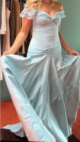 Classy Mermaid Off The Shoulder Light Sky Blue Satin Evening Dress Prom Dresses nv4152