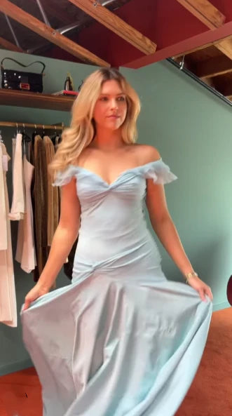Classy Mermaid Off The Shoulder Light Sky Blue Satin Evening Dress Prom Dresses nv4152