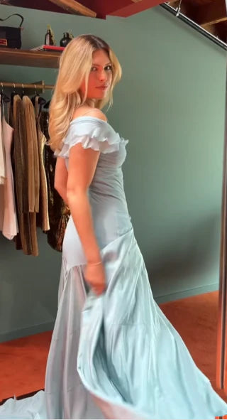 Classy Mermaid Off The Shoulder Light Sky Blue Satin Evening Dress Prom Dresses nv4152