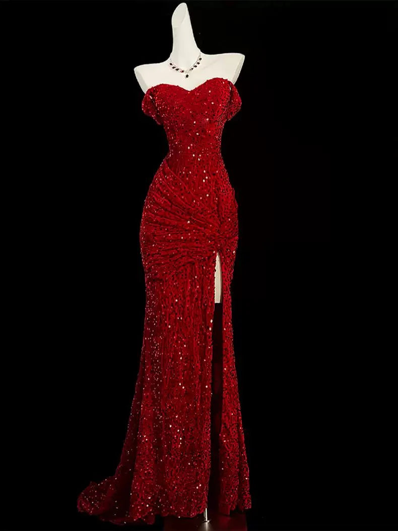 Classy Mermaid Sweetheart Red Slit Sequin Long Evening Gowns Prom Dress nv4151