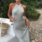 Gray  SEXY SOLID BACKLESS HALTER DRESS nv1658