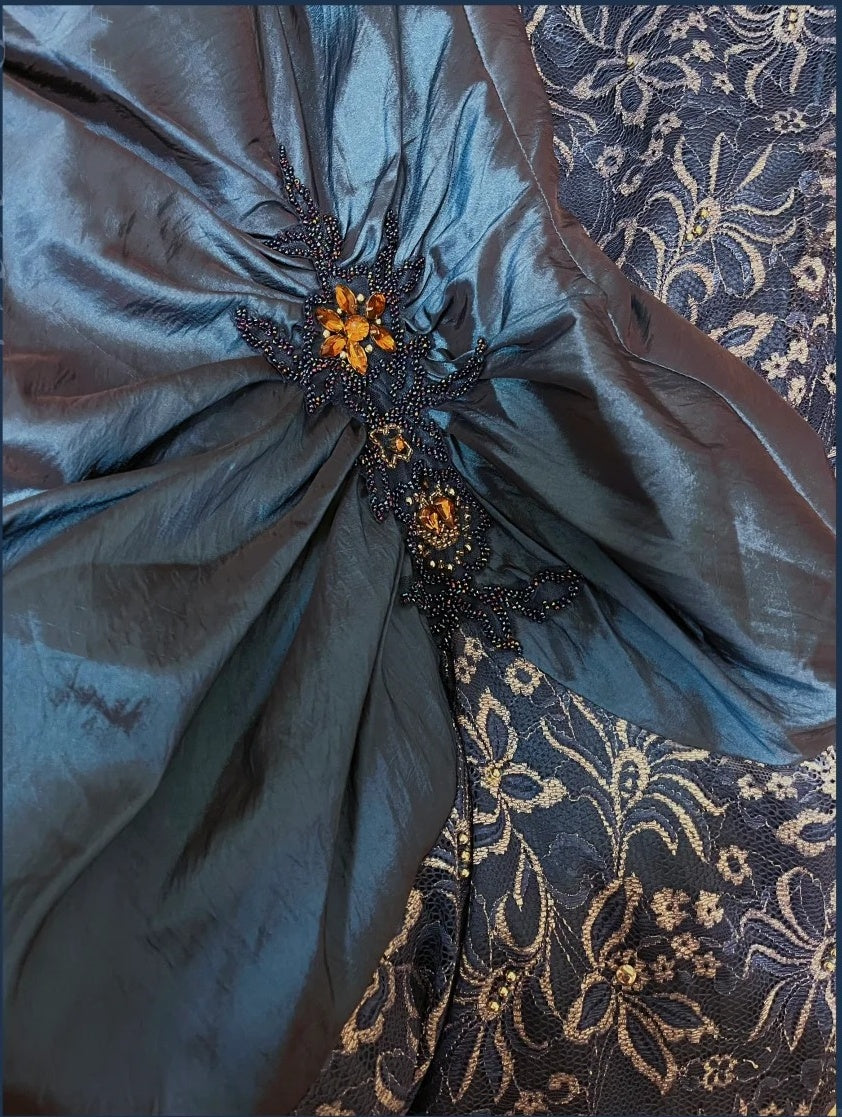 Sapphire blue exquisite beaded pleated elegant and charming retro fashion floral long taffeta lace ball gown evening dress nv4316