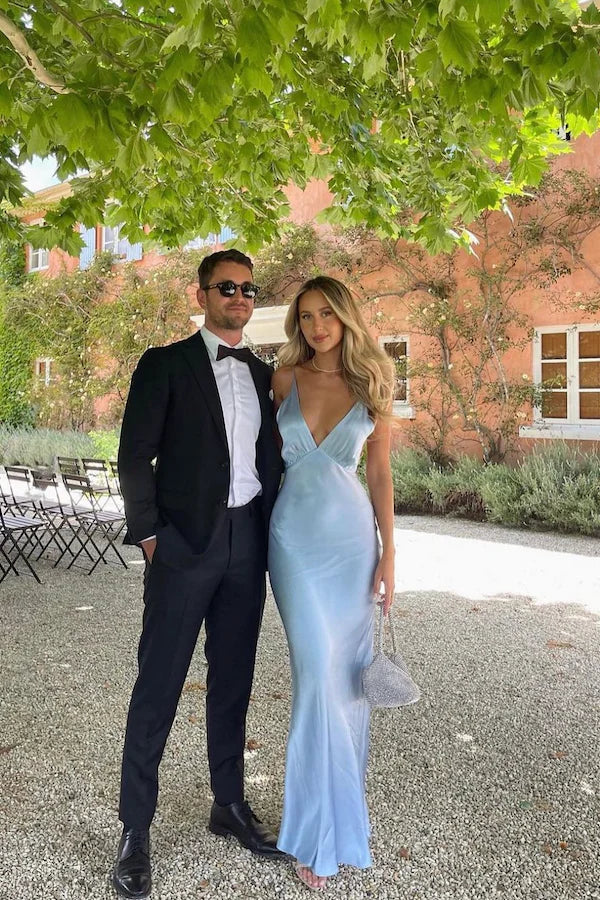 Light Blue Sexy Spaghetti Straps Sleeveless Sheath Floor Length Prom Dress nv1646