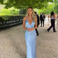 Light Blue Sexy Spaghetti Straps Sleeveless Sheath Floor Length Prom Dress nv1646
