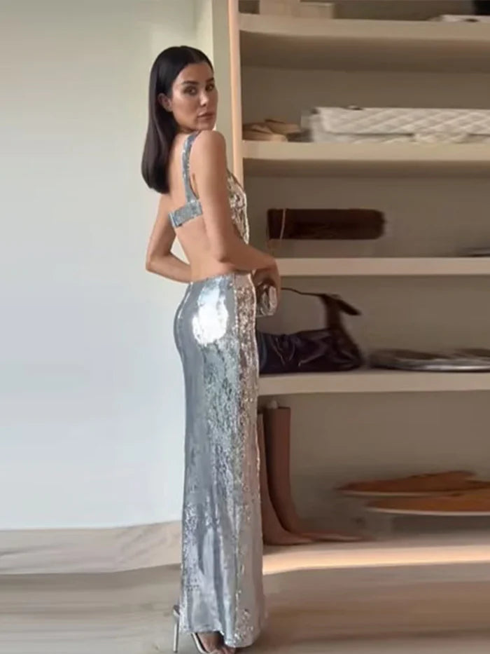 Silver Fashion Sequin Sexy Bodycon Halter Ball Gown Mermaid Evening Dress nv1799