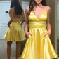 Simple V Neck Backless Yellow Satin Long Prom Homecoming Dresses, Backless Yellow Formal Graduation Evening Dresses nv1514