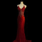 Red Gorgeous Elegant Exquisite Gem Beads Long Satin Floor Length Trailing Ball Gown Evening Gown Party Dress Prom Gown nv3919
