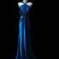 Blue Stylish Elegant Exquisite Gemstone Beaded Long Satin Floor Length Ball Gown Evening Gown Party Dress Prom Gown nv3900