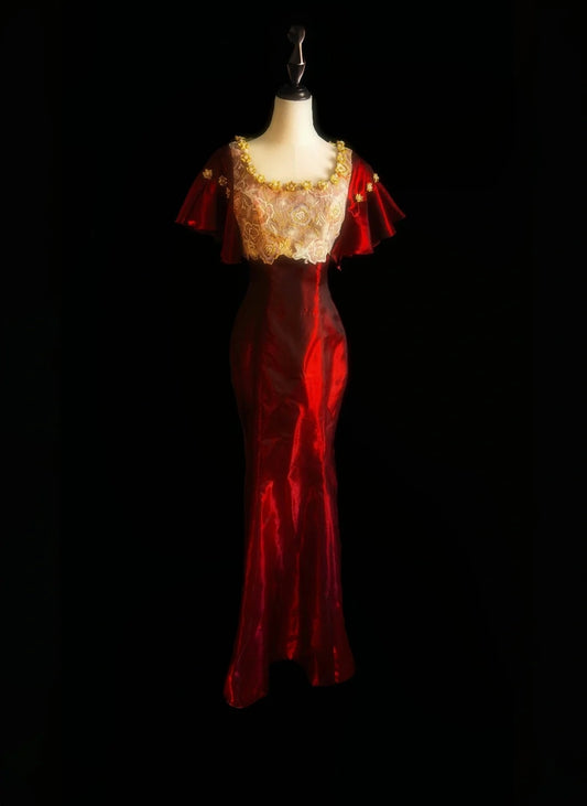 Burgundy Gorgeous Retro Fashion Sophisticated Elegant Gold Floral Beaded Long Tulle Chiffon lace Ball Gown Evening Gown Party Dress Prom Gown nv3899
