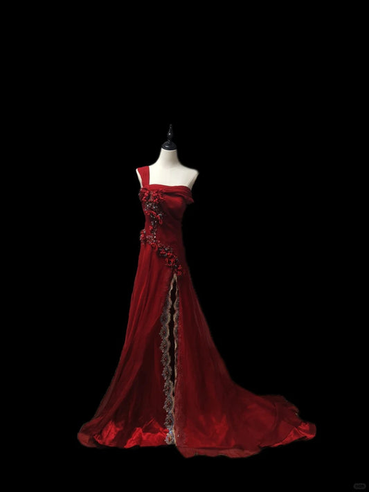 Red Gorgeous Retro Elegant Fashion Exquisite Gemstone Beads One Shoulder Long Floor-length Satin Evening Dress Prom Dress Prom Dress nv3915