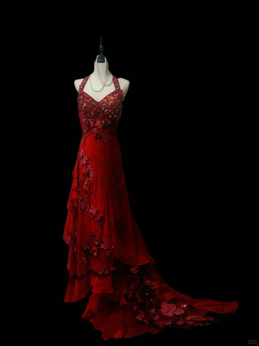Pink Gorgeous Vintage Fashion Exquisite Gem Beaded Long Tulle Satin Ruffle Floor Length Train Ball Gown Evening Dress Party Dress Prom Dress nv3916