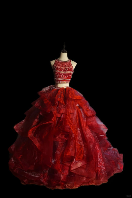 Red luxury gorgeous elegant exquisite gemstone beaded long tulle floor length ball gown evening dress two piece set nv3920