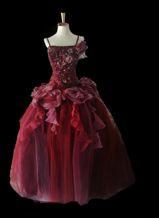 Red Gorgeous Delicate Elegant Floral Beaded Long Tulle Ball Gown Evening Gown Prom Dress nv3898