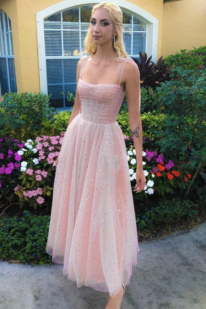 Spaghetti Straps Sequins Pink Tea Length Prom Dresses, Shiny Sequins Pink Homecoming Dresses, Pink Formal Evening Dresses nv1513