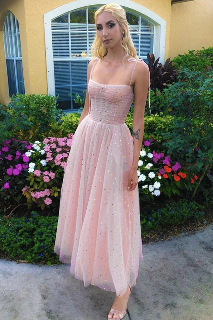 Spaghetti Straps Sequins Pink Tea Length Prom Dresses, Shiny Sequins Pink Homecoming Dresses, Pink Formal Evening Dresses nv1513