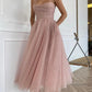 Spaghetti Straps Sequins Pink Tea Length Prom Dresses, Shiny Sequins Pink Homecoming Dresses, Pink Formal Evening Dresses nv1513
