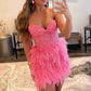 Strapless Beaded Burgundy/Pink/Black Lace Feather Short Prom Dresses, Burgundy/Pink/Black Lace Homecoming Dresses, Burgundy/Pink/Black Formal Graduation Evening Dresses nv1480