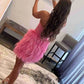 Strapless Beaded Burgundy/Pink/Black Lace Feather Short Prom Dresses, Burgundy/Pink/Black Lace Homecoming Dresses, Burgundy/Pink/Black Formal Graduation Evening Dresses nv1480