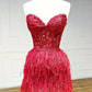 Strapless Beaded Burgundy/Pink/Black Lace Feather Short Prom Dresses, Burgundy/Pink/Black Lace Homecoming Dresses, Burgundy/Pink/Black Formal Graduation Evening Dresses nv1480