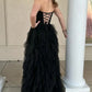 Strapless Black Lace Long Prom Dresses with High Slit, Black Lace Ruffle Formal Dresses, Black Evening Dresses nv1509