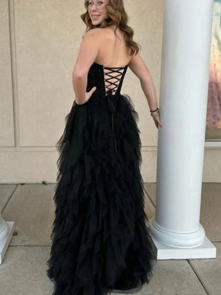 Strapless Black Lace Long Prom Dresses with High Slit, Black Lace Ruffle Formal Dresses, Black Evening Dresses nv1509