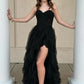 Strapless Black Lace Long Prom Dresses with High Slit, Black Lace Ruffle Formal Dresses, Black Evening Dresses nv1509
